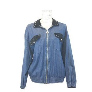 MURELI Jean Jacket M Black Velour Pocket Flap Zip Bling‎ Rhinestone